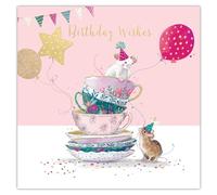 Ling Design Birthday Card for Women - Cute Mice, Teacups & Balloons - Gold Foil Finish - Premium Greeting Card with Envelope