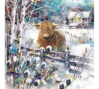 Ling Design Charity Christmas Cards Pack of 6 - Snowy Highland Cow Design - Festive Christmas Cards Multipack - In Aid of UK Charities