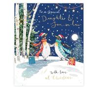 Ling Design Christmas Card for Daughter & Son-in-Law - Festive Penguins in the Snow - Embossed Gold Foil Finish - Premium Greeting Card with Envelope