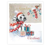Ling Design Christmas Card for Grandson - Festive Dalmatian Dog in the Snow - Gold Foil Finish - Premium Greeting Card with Envelope