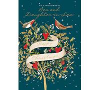 Ling Design Christmas Card for Son & Daughter-in-Law - Festive Robins & Tree - Embossed Gold Foil Finish - Premium Greeting Card with Envelope