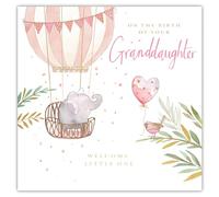 Ling Design Congratulations Card for Birth of Your Granddaughter - Cute Elephant, Hot Air Balloon & Robin - Gold Foil Finish - Premium Greeting Card for New Grandparents with Envelope