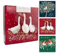 Ling Design Festive Art Premium Pack of 12 Christmas Cards in 3 Designs 12 x 12cm - Gloss Finish - Great British Card Company (Festive Geese Robins Partridge)