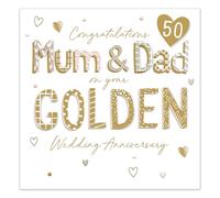 Ling Design Golden Wedding Anniversary Card for Mum and Dad - 50 Years - Elegant Love Heart Design - 3D Embellishments, Embossed Foil Finish - Premium Greeting Card with Envelope