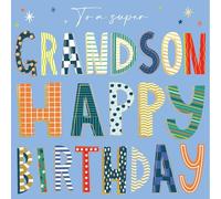 Ling Design Grandson Birthday Card - Colourful Patterned Lettering Design - Happy Birthday Card for a Super Grandson - Foil Finish - For Him