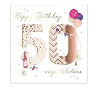 Ling Design Large 50th Birthday Card for Her - Elegant Celebration Design Handcrafted with Embossed Foil Finish, Diamante Gems & 3D Embellishments, Eco-Friendly & Made in the UK