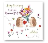 Ling Design Mum and Dad 'On Your Anniversary' Card - Hedgehogs & Flower Bouquet Embossed with Foil and 3D Embellishments - Handfinished & Eco-Friendly