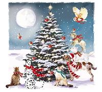 Ling Design Pack of 6 Charity Christmas Cards - 'Festive Animals Around the Tree' - 6 Cards of 1 Lovely Design