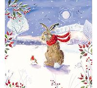 Ling Design Pack of 6 Charity Christmas Cards - 'Frosty Meadow' - Lovely Design with Hare and Robin in the Snow - 6 Cards of 1 Design