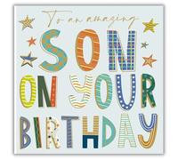 Ling Design Son Birthday Card - Colourful Patterned Lettering Design - Happy Birthday Card for an Amazing Son - Foil Finish - For Him
