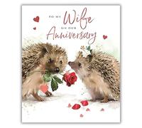 Ling Design Wife Anniversary Card - Happy Anniversary Card for Someone Special with Artistic Floral Hedgehog and Roses Design and a Foil Finish