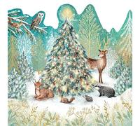 Ling Design Woodland Animals Around the Christmas Tree 16cm Square Handmade Cut Out Foil Embossed Christmas Cards Pack of 10