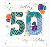 Ling Designs 50th Birthday Card for Men - Star, Balloon and Present Design - Age 50 - Handfinished Embellishments - Premium Special Birthday Greeting Card with Envelope