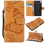 LingDan Protective Cover for Sony Xperia E5 F3311 (5.5 Inch) PU Leather Flip Case Embossing Butterfly Pattern with Built Stand Magnetic Closure Card Slot Wallet Phone Shell, Brown