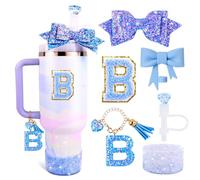 Lingdeer Blue Cup Accessories Set for Stanley 30OZ & 40OZ Tumbler with Handle, Letter Charms, Bow & Diamond Straw Covers, Glitter Silicone Boot, Personalized Sticker for Stanley Cup Accessories (B)