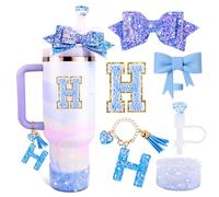 Lingdeer Blue Cup Accessories Set for Stanley 30OZ & 40OZ Tumbler with Handle, Letter Charms, Bow & Diamond Straw Covers, Glitter Silicone Boot, Personalized Sticker for Stanley Cup Accessories (H)