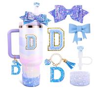 Lingdeer Blue Cup Accessories Set for Stanley 30OZ & 40OZ Tumbler with Handle, Letter Charms, Bow & Diamond Straw Covers, Glitter Silicone Boot, Personalized Sticker for Stanley Cup Accessories (D)