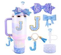 Lingdeer Blue Cup Accessories Set for Stanley 30OZ & 40OZ Tumbler with Handle, Letter Charms, Bow & Diamond Straw Covers, Glitter Silicone Boot, Personalized Sticker for Stanley Cup Accessories (J)