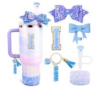 Lingdeer Blue Cup Accessories Set for Stanley 30OZ & 40OZ Tumbler with Handle, Letter Charms, Bow & Diamond Straw Covers, Glitter Silicone Boot, Personalized Sticker for Stanley Cup Accessories (I)