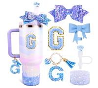 Lingdeer Blue Cup Accessories Set for Stanley 30OZ & 40OZ Tumbler with Handle, Letter Charms, Bow & Diamond Straw Covers, Glitter Silicone Boot, Personalized Sticker for Stanley Cup Accessories (G)