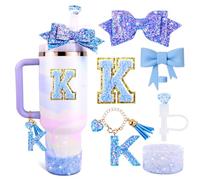 Lingdeer Blue Cup Accessories Set for Stanley 30OZ & 40OZ Tumbler with Handle, Letter Charms, Bow & Diamond Straw Covers, Glitter Silicone Boot, Personalized Sticker for Stanley Cup Accessories (K)