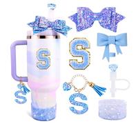 Lingdeer Blue Cup Accessories Set for Stanley 30OZ & 40OZ Tumbler with Handle, Letter Charms, Bow & Diamond Straw Covers, Glitter Silicone Boot, Personalized Sticker for Stanley Cup Accessories (S)