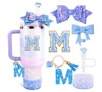 Lingdeer Blue Cup Accessories Set for Stanley 30OZ & 40OZ Tumbler with Handle, Letter Charms, Bow & Diamond Straw Covers, Glitter Silicone Boot, Personalized Sticker for Stanley Cup Accessories (M)