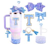 Lingdeer Blue Cup Accessories Set for Stanley 30OZ & 40OZ Tumbler with Handle, Letter Charms, Bow & Diamond Straw Covers, Glitter Silicone Boot, Personalized Sticker for Stanley Cup Accessories (T)