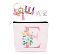 Lingdeer Personalized Makeup Bag with Initial Keychain, Custom Travel Initial Makeup Bag, Birthday Gifts for Women Girl Bridesmaid Teens Teacher, Monogram Small Cosmetic Preppy Toiletry Pouch, E,