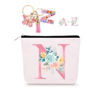 Lingdeer Personalized Makeup Bag with Initial Keychain, Custom Travel Initial Makeup Bag, Birthday Gifts for Women Girl Bridesmaid Teens Teacher, Monogram Small Cosmetic Preppy Toiletry Pouch, N,