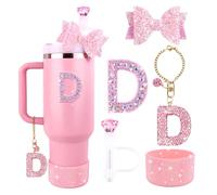 Lingdeer Pink Accessories Set for Stanley Cup 30Oz 40Oz, Bling Letter Charms, Diamond Straw Cover, Glitter Silicone Boot, Personalized Sticker, Bow Straw Topper for Stanley Cup Accessories (Letter D)