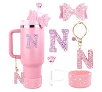 Lingdeer Pink Accessories Set for Stanley Cup 30Oz 40Oz, Bling Letter Charms, Diamond Straw Cover, Glitter Silicone Boot, Personalized Sticker, Bow Straw Topper for Stanley Cup Accessories (Letter N)