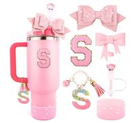 Lingdeer Pink Cup Accessories Set for Stanley 30OZ & 40OZ Tumbler with Handle, Letter Charms, Bow & Diamond Straw Covers, Glitter Silicone Boot, Personalized Sticker for Stanley Cup Accessories (S)