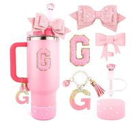 Lingdeer Pink Cup Accessories Set for Stanley 30OZ & 40OZ Tumbler with Handle, Letter Charms, Bow & Diamond Straw Covers, Glitter Silicone Boot, Personalized Sticker for Stanley Cup Accessories (G)