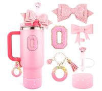 Lingdeer Pink Cup Accessories Set for Stanley 30OZ & 40OZ Tumbler with Handle, Letter Charms, Bow & Diamond Straw Covers, Glitter Silicone Boot, Personalized Sticker for Stanley Cup Accessories (O)