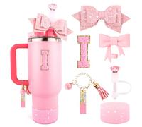 Lingdeer Pink Cup Accessories Set for Stanley 30OZ & 40OZ Tumbler with Handle, Letter Charms, Bow & Diamond Straw Covers, Glitter Silicone Boot, Personalized Sticker for Stanley Cup Accessories (I)