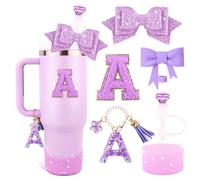 Lingdeer Purple Cup Accessories Set for Stanley 30OZ & 40OZ Tumbler with Handle, Letter Charms, Bow & Diamond Straw Covers, Glitter Silicone Boot, Personalized Sticker for Stanley Cup Accessories (A)