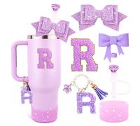 Lingdeer Purple Cup Accessories Set for Stanley 30OZ & 40OZ Tumbler with Handle, Letter Charms, Bow & Diamond Straw Covers, Glitter Silicone Boot, Personalized Sticker for Stanley Cup Accessories (R)