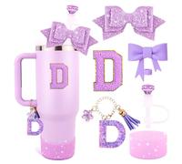 Lingdeer Purple Cup Accessories Set for Stanley 30OZ & 40OZ Tumbler with Handle, Letter Charms, Bow & Diamond Straw Covers, Glitter Silicone Boot, Personalized Sticker for Stanley Cup Accessories (D)