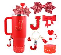 Lingdeer Red Cup Accessories Set for Stanley 30OZ & 40OZ Tumbler with Handle, Letter Charms, Bow & Diamond Straw Covers, Glitter Silicone Boot, Personalized Sticker for Stanley Cup Accessories (J)