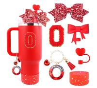 Lingdeer Red Cup Accessories Set for Stanley 30OZ & 40OZ Tumbler with Handle, Letter Charms, Bow & Diamond Straw Covers, Glitter Silicone Boot, Personalized Sticker for Stanley Cup Accessories (O)