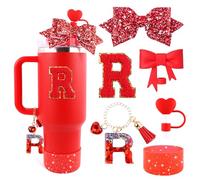 Lingdeer Red Cup Accessories Set for Stanley 30OZ & 40OZ Tumbler with Handle, Letter Charms, Bow & Diamond Straw Covers, Glitter Silicone Boot, Personalized Sticker for Stanley Cup Accessories (R)