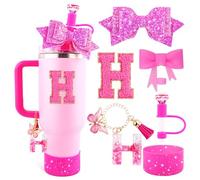 Lingdeer Rose Pink Cup Accessories Set for Stanley 30OZ&40OZ Tumbler with Handle, Letter Charms, Bow & Diamond Straw Covers, Glitter Silicone Boot, Personalized Sticker for Stanley Cup Accessories (H)