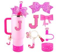 Lingdeer Rose Pink Cup Accessories Set for Stanley 30OZ&40OZ Tumbler with Handle, Letter Charms, Bow & Diamond Straw Covers, Glitter Silicone Boot, Personalized Sticker for Stanley Cup Accessories (J)