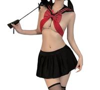 Lingerie for Women Sexy Schoolgirl Sailor Outfit Japanese Anime Cosplay Costume Kawaii Student Uniform Top and Mini Skirt (Red, One Size)