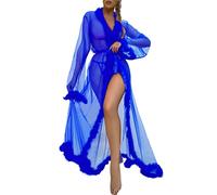 Lingerie Plus Size Tulle Robe Long Lingerie Nightgown Bathrobe Sleepwear Feather Bridal Robe Lace Lingerie Pretty Lingerie for Women (Blue, L)