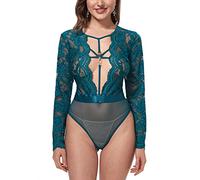 LINGERLOVE Sexy Teddy Lingerie for Woman One Piece Lace Bodysuit Nightwear Long Sleeve Babydoll Deep V Neck Top S-4XL