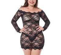 LINGERLOVE Womens Plus Size Sexy Long Sleeve Lace Babydoll Lingerie Off Shoulder See Through Chemise Bodysuit