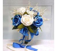 Linghe Wedding Bouquets for Bride, Artificial Roses Flower Handmade Silk Flower Wedding Bridal Bouquets for Church Party Home Decoration (blue+white)