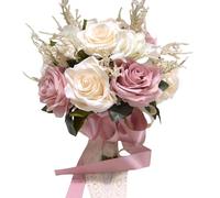Linghe Wedding Bouquets for Bride, Artificial Roses Flower Handmade Silk Flower Wedding Bridal Bouquets for Church Party Home Decoration (pink+white)